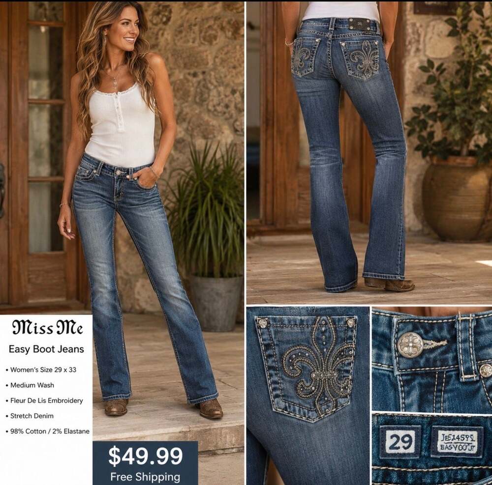 Miss Me Easy Boot Jeans Women’s Size 29 x 33 Fleur De Lis Embroidered Stretch